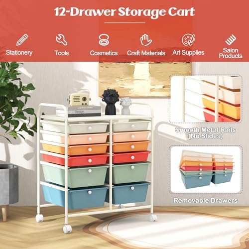 LDAILY 12 Drawer Rolling Storage Cart, Craft Cart Organizer on Wheels w/Metal Frame, Large Capacity & Smooth Drawer, Rolling Cart w/Drawers for Classroom, Office - Image 5