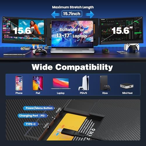 CIDETTY One Cable Connection Laptop Screen Extender Monitor Portable, Ultra Thin 15.6" 1080P FHD Triple Screen,Fit for 13-17" Laptop, Plug & Play Compatiable with Win/Mac/Chrome/Android - Image 5