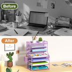 Purple 7 Tier Desk File Organizer, Metal Letter Tray Paper Organizer with Pull-Out Drawer, Removable Pen Holder & Hanging Basket, Vertical Desktop File Holder for Home Office, Classroom - Image 3