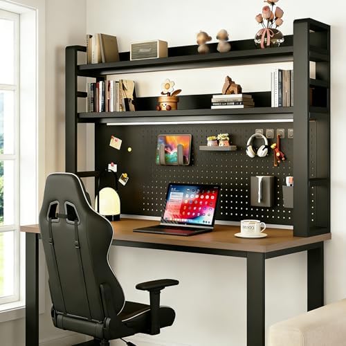 LINLIUA 2/3/4 Tier Desk Hutch, Metal Desk Shelf with Pegboard, Desk Shelves for Top of Desk, Freestanding Desktop Bookshelf, Desktop Shelf Organizer Display Rack for Dorm Office and Home by LINLIUA