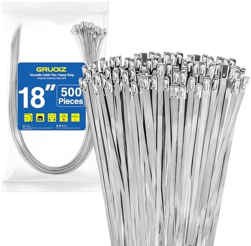500Pack Stainless Steel Cable Zip Ties 18 inch 304 Metal Cable Ties with 270lbs Tensile Strength Heavy Duty Zip Ties for Farms Pipes Roofs Workshop Outdoor Fence Use by GRUOIZAccessories