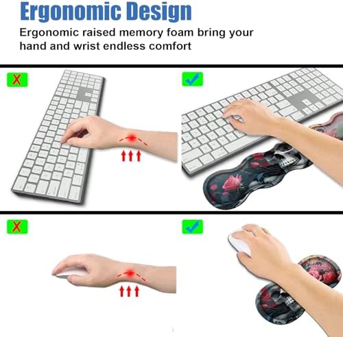 4 in 1 Ergonomic Memory Foam Mouse Pad Wrist Rest Set, Large XXL Gaming Desk Pad + Keyboard Wrist Rest + Mouse Wrist Cushion + Coaster for Home Office Study Gaming, Skull Roses - Image 5