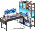 PRAISUN 57.5 Inch L Shaped Gaming Desk with Power Outlets and LED Lights by PRAISUN