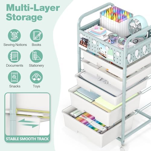 SYKIARIOL Drawer Rolling Storage Cart with Pegboard Top and Hooks, Green, 4-Drawers - Image 3