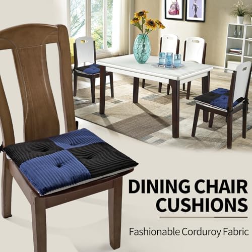 Office Stacking Chair Cushions 4 Pack, Corduroy High Density Foam Kitchen Seat Cushions with Ties, Square 17" x 17" Indoor Non-Slip Dining Chair Pads, Black+ Navy，4pcs - Image 3