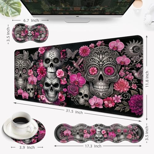Desk Mat, Mouse Pad with Wrist Rest, 4-in-1 Large Mouse Pads for Desk, Ergonomic Mouse Pad and Keyboard Wrist Rest Gaming Keyboard Mat for Office,Sugar Skulls with Flowers - Image 6
