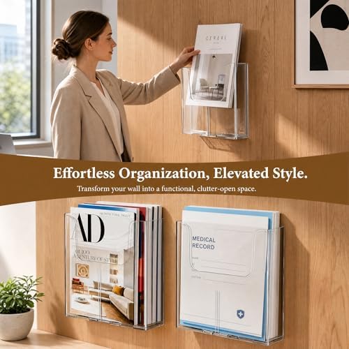 Cabilock 4 Pcs Acrylic Wall File Organizer Clear Vertical Paper Folder Holder Wall Mount Magazine Pocket Brochure Stand for Office Desk 9.8x8.8 In (4PCS) - Image 7