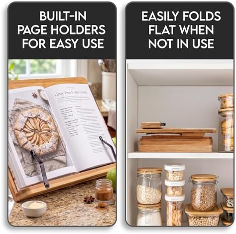 Bamboo Cookbook Stand Large, Adjustable Book Holder Tray and Page Paper Clips - Natural Color Large - 4-Position Recipe Book Stand Holds Thick Books for Kitchen Counter, Reading, Studying - Foldable - Image 6