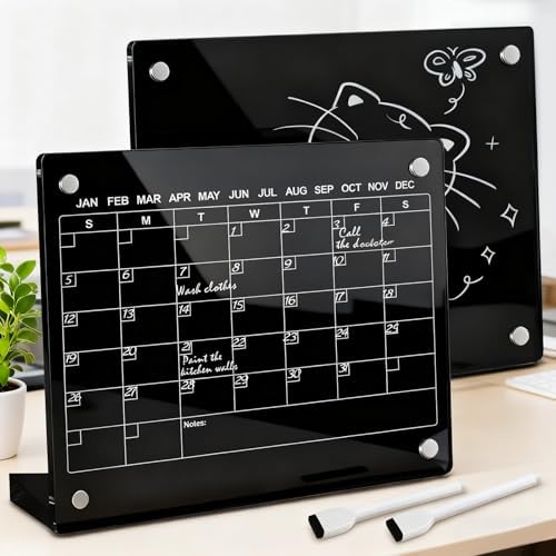 2PCS Black Acrylic Calendar Dry Erase Board with Stand for Desk, 16x12 Large Desktop Monthly Whiteboard Magnetic Fridge Memo Board, Daily Planner Chalkboard Easel for Office, School by ZHIDIAN