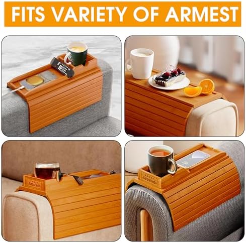 Bamboo Couch Cup Holder, 2 Cork Coasters, Anti-Slip Foldable Couch Arm Tray - Image 6