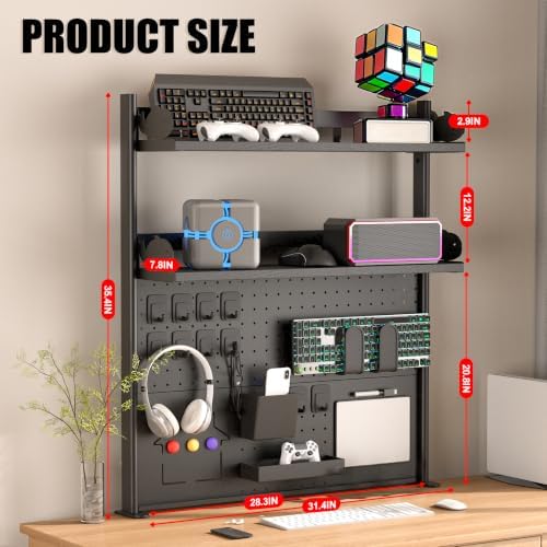 Modern Metal Clamp-On Desk Hutch with Pegboard, 2-Tier Desktop Organizer Shelf for Home Office or Gaming Desk, 31.4", Black - Image 2