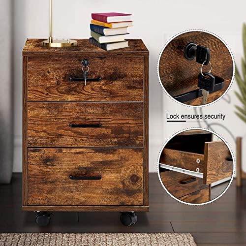 OFCASA 3 Drawer File Cabinet with Lock, Small Rolling Filing Cabinets for Home Office, Wood Under Desk File Cabinet with Wheels, Mobile Storage Organizer, Printer Stand for Letter/Legal, Rustic Brown - Image 6