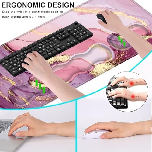 Keyboard Wrist Rest and Mouse Pad with Wrist Support Set Ergonomic Coaster,Memory Foam,Easy Typing Pain Relief,Large XL Desk Mat 31.5"x 11.8",Marble Pretty Pink - Image 6