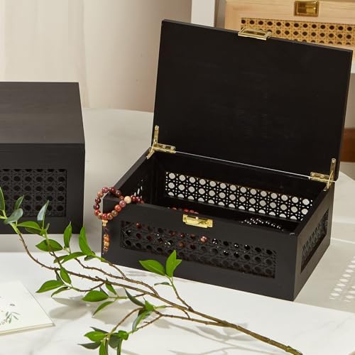 Decorative Rattan Storage Boxes Baskets with Lid Wooden Frame - Image 4