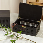 Decorative Rattan Storage Boxes Baskets with Lid Wooden Frame - Image 4