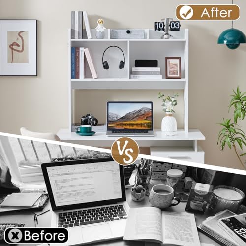 Nromant Desktop Bookshelf, Wooden Desk Storage Hutch with 5 Shelves, 3-Tier Desktop Display Organizer Rack for Office Home (White, 5 Shelves B) - Image 6