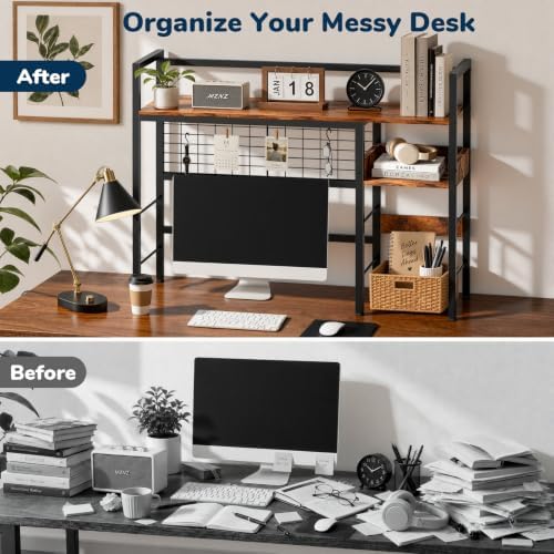 Desk Shelf, 38.6" Desk Hutch with Pegboard Hooks Set, Rustic Brown - Image 6