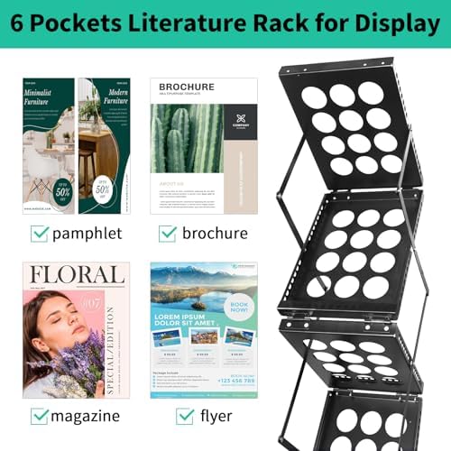 Folding Literature Rack, 6 Pockets Metal Brochure Holder Stand Floor Standing Magazine Rack，Double-sided Display Flyer Holder Stand Literature Stand for Trade Show Office Store Home - Image 2