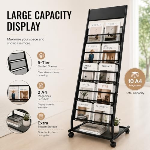 Magazine Rack Display Stand, 5-Tier Floor Standing Rack with Wheels - Image 2