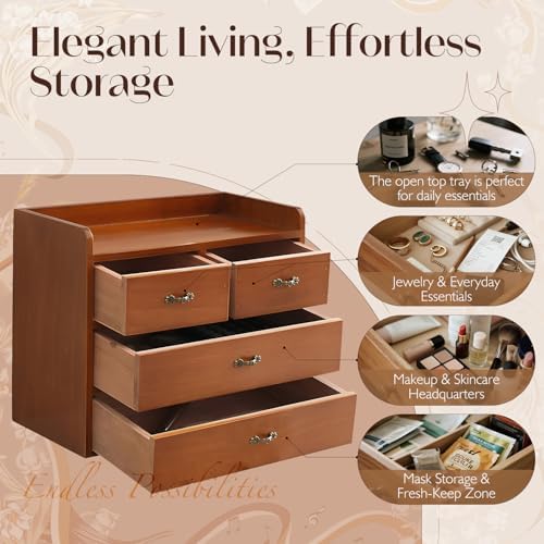Vintage Wooden Desk Organizer with 4 Drawers — Small Wood Desktop Storage Cabinet for Jewelry, Makeup, Office Supplies & Accessories - Rustic Mini Drawer Chest for Clutter-Free, Desk Zen - Image 4