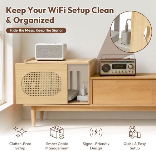 Natural Wood Router Box Hider with Rattan Doors, Tabletop Cable Management Cabinet to Hide Modem & Cords, Fits up to 11" H, 16"x10.4"x12" - Image 3