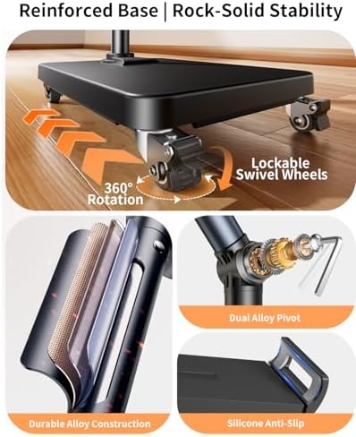 Rolling Tablet Floor Stand with Wheels, Adjustable Aluminum Arm & 360° Rotation, Magnetic Phone Holder with Remote, iPad Floor Stand for Bed, Compatible with 4.7-13" iPad, Phone, Kindle & Tablets - Image 5
