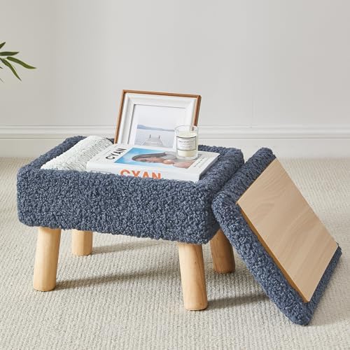 Storage Ottoman, Small Foot Stool Ottoman with Storage, Teddy Velvet Foot Rest with Wood Legs, Footstool for Living Room, Bedroom, Entryway, Blue by FIMIVIBI