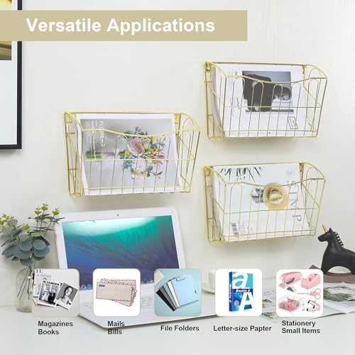 TQVAI Hanging Wall File Organizer 3 Pack, Gold Metal Wall Mounted File Holder, No Assembly Required, Curved Pocket Paper Document Rack for Office Home School Magazine Mail Storage - Image 3