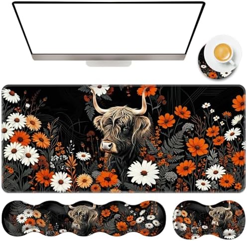 TGFEWYTJYJ Extended Gaming Mouse Pad,Memory Foam Ergonomic Keyboard Mouse Wrist Rest Support Set,Large Desk Mat with Stitched Edges,Non-Slip Base Mousepad Home Office,Highland Cow and Flower by GFEWYTJYJ