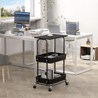 Simple Houseware 2-Tier Rolling Utility Cart Wood Top/Lockable Wheel, Black - Image 2
