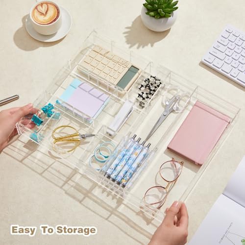 Briwooody 2 Pcs Acrylic Desk Drawer Organizer Maximum 11.8 x 17 x 1.9 Inch Expandable Drawer Organizer Trays with 7 Adjustable Compartments Desk Accessories for Makeup Silverware Office Bathroom - Image 5