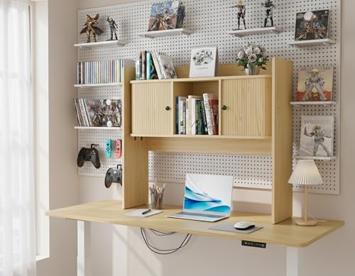 Fluted Desktop Bookshelf, 35.4 Inch x 31.5 Inch Wooden Desk Organizer, Desk Hutch with 2 Doors, Desktop Shelf Storage Rack, for Home, Office, Dorm, 2-Tier, Wood - Image 3
