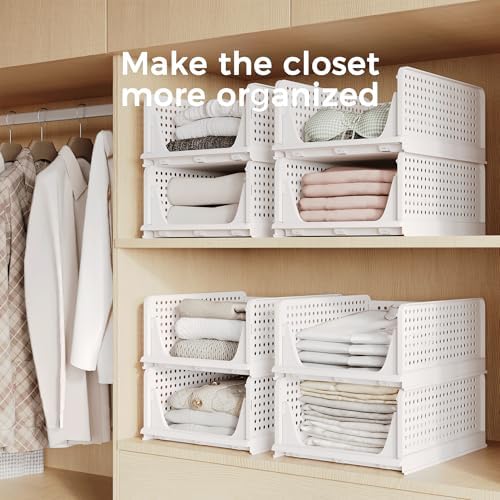 Pinkpum Stackable Plastic Storage Basket, Foldable Closet Organizers, Drawer Shelf Storage Container/Bins for Wardrobe Kitchen Bathroom Office Dorm, White, 4 Packs - Image 5