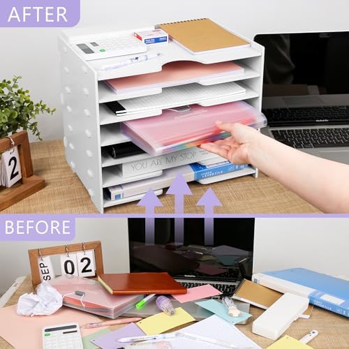 Paper Organizer Storage for Desk, 7 Tier Wide Construction File Organizer Paper Sorter, Desktop Document Storage Holder for Home Office School, White - Image 5