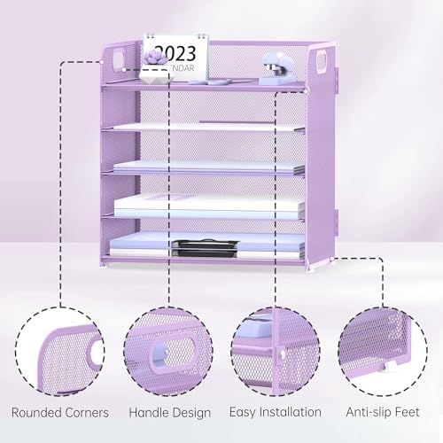 2 Pack 5-Tier Purple Desk Organizer with Handle Mesh Desk File/Paper Organizer Letter Tray for Office, School and Home Easy Installation Purple Office Supplies - Image 3