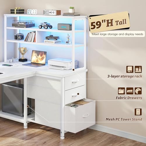 DurayLoly L Shaped White Desk with 3 Drawers,Shelf and PC Stand for Storage - Image 6