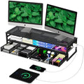 Simple Trending 2-Tier Metal Dual Monitor Stand with USB & 2 Drawers, Black by SimpleTrending