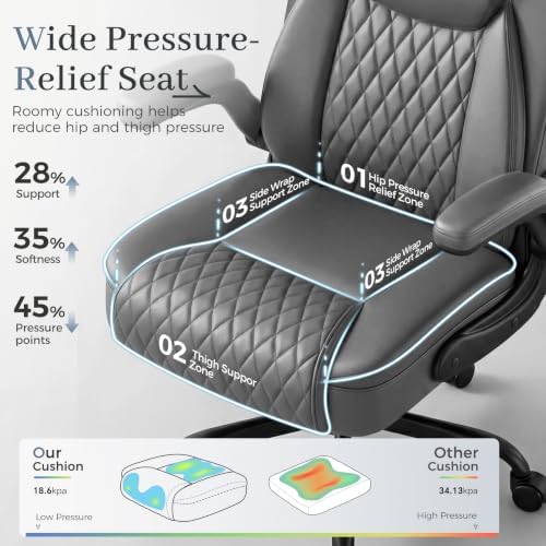 GTPOFFICE Executive Office Chair with Comfortable Lumbar Support, Ergonomic Gaming Chair with Flip-up Armrests & Zoned Pressure-Relief Cushion, Comfy PU Leather Desk Chair, Grey - Image 4