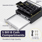 Volcora Cash Register Drawer for Point of Sale (POS) System - Black and Stainless Steel Front - Fully Removable 2 Tier Cash Tray, 5 Bill/8 Coin, 12-24V, RJ11/RJ12 Key-Lock - Under Counter - Image 3