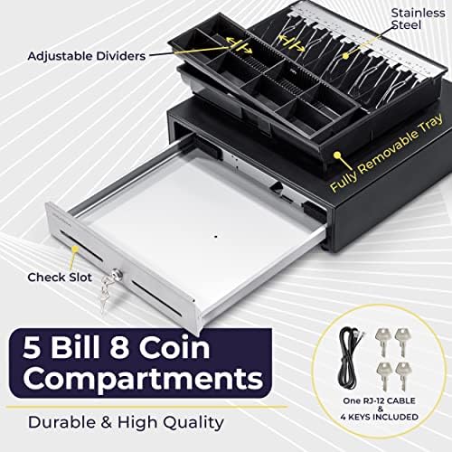 Volcora Cash Register Drawer for Point of Sale (POS) System - Black and Stainless Steel Front - Fully Removable 2 Tier Cash Tray, 5 Bill/8 Coin, 12-24V, RJ11/RJ12 Key-Lock - Under Counter - Image 3