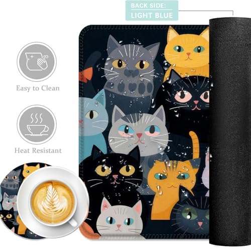 Keyboard Mouse Pad Set, Extended Gaming Mouse Pad+Ergonomics Keyboard Wrist Rest Support, Memory Foam, Easy Typing Pain Relief, 4Pcs XL Ultra Thick Desk Mat,Cute Cartoon Cat - Image 2