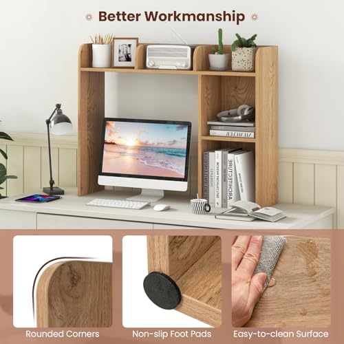 LDAILY Desktop Shelf, Multipurpose Wood Desk Hutch for Max 27" Computer Monitor, Countertop Storage Hutch with 5 Shelves, 3 Tier Desktop Display Rack for Dorm Office Home (Natural) - Image 5