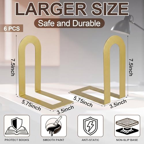 Chunful 6 Pcs Gold Metal BookEnds Shelves, 7.5 x 5.75 x 3.5 in - Image 4