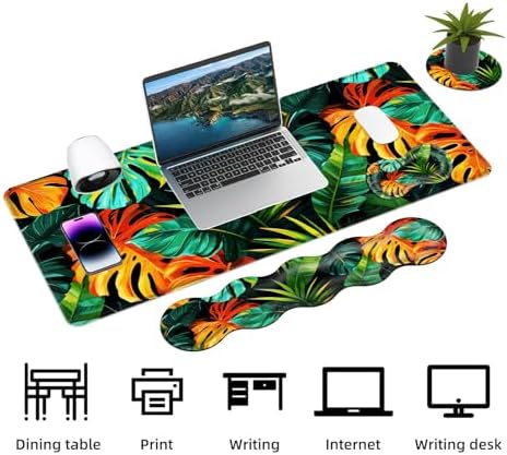 Keyboard Mouse Pad Set, Extended Gaming Mouse Pad+Ergonomics Keyboard Wrist Rest Support, Memory Foam, Easy Typing Pain Relief, 4Pcs XL Ultra Thick Desk Mat,Tropical Leaves - Image 3