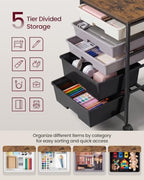 VASAGLE Rolling Cart with Drawers,5 Drawers Storage Cart, Black - Image 6