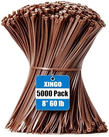 XINGO 5000 PCS Brown Zip Ties 8 Inch, 60 LBS Tensile Strength, Self-Locking Nylon Plastic Nylon PA66 Wire Ties for Indoor and Outdoor Use by XINGO