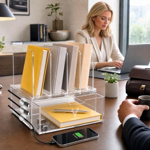 Acrylic Desk Organizer with Drawers, Paper Organizer for Desk, Vertical File Organizer with 4 File Slots, Clear Desktop Office Organizer for Papers, Files & School Supplies - Image 4