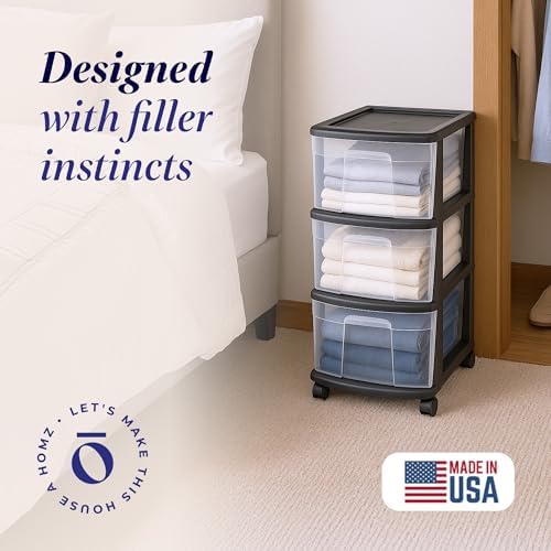 HOMZ Drawer Tower, 3-Tier Storage Cart with Removable Wheels, Black Frame - Image 4