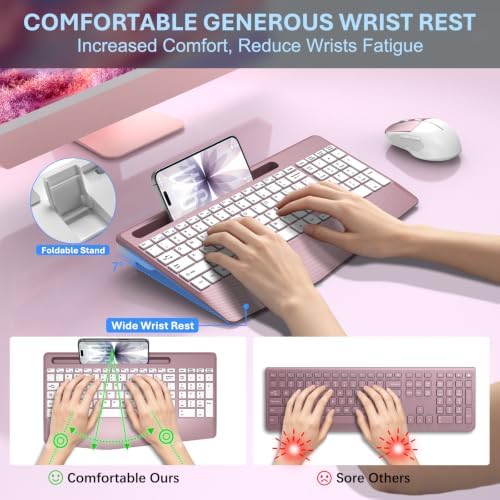 Rechargeable Silent Wireless Keyboard and Mouse Combo, Ergonomic Wrist Rest & Phone Tablet Holder, USB-C Adapter Included, 2.4G Lag-Free Cordless Set for Windows Mac Laptop PC Home Office (Rose Gold) - Image 3
