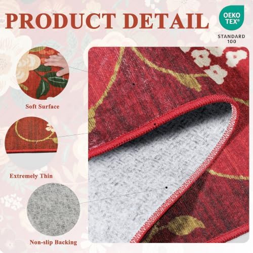 DUKINO 5x7 Area Rugs, Floral Washable Rug for Living Room Non Slip, Red - Image 5